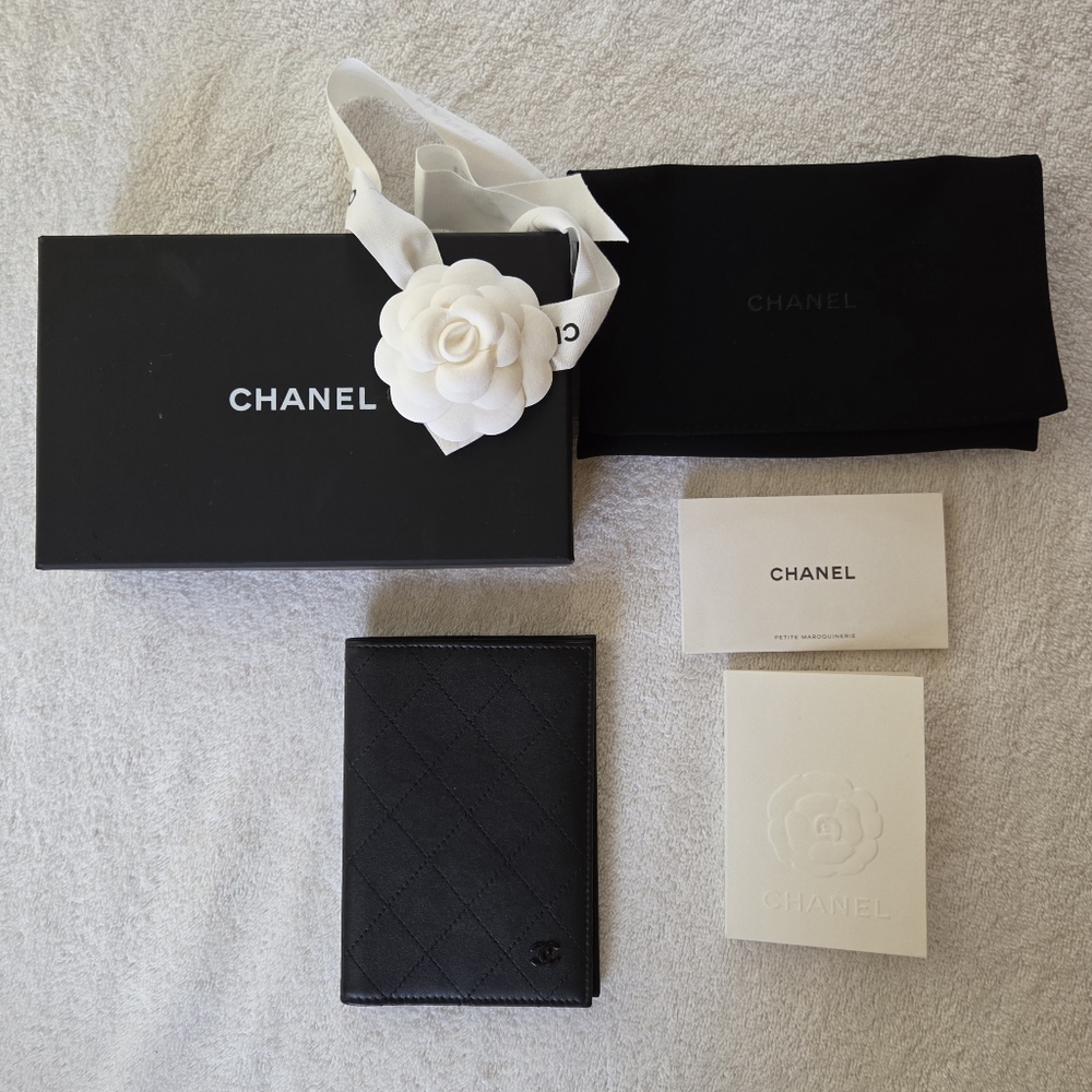 CHANEL So Black Quilted Grained Calfskin Passport Card Holder Wallet